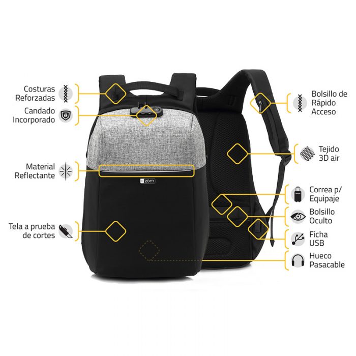Mochila Antirrobo ZÖM ZB A609BK USB - Imagen 3